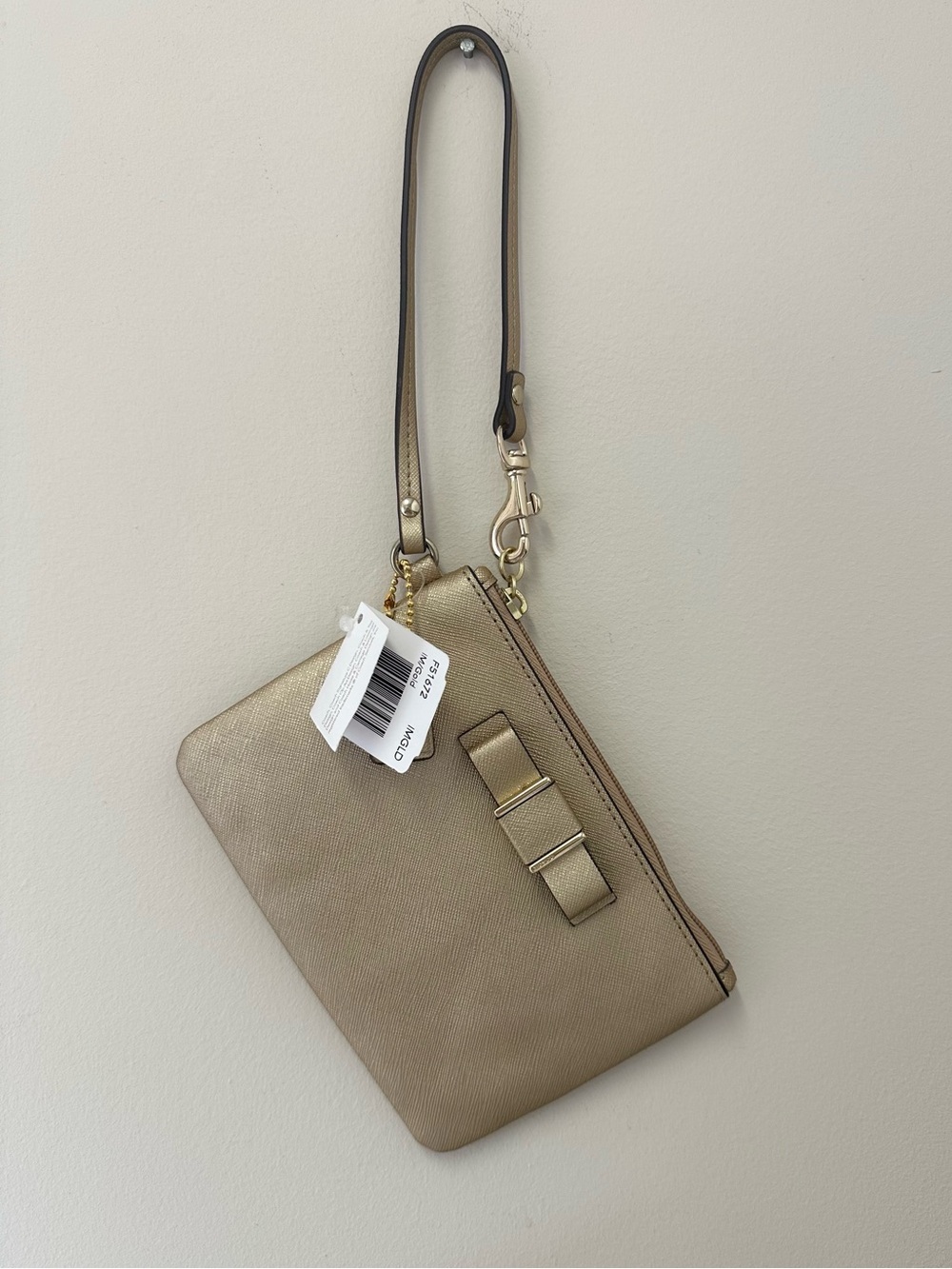 NWT Coach Gold Saffiano Leather Wristlet with Bow Accent